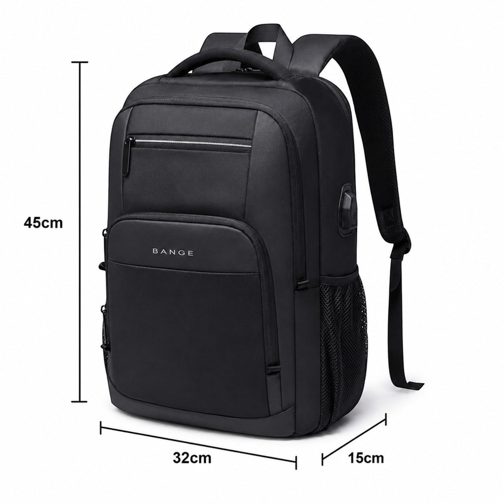 Sac à dos Bange noir en polyester, idéal pour ordinateur portable, voyage et affaires, avec port USB et logo discret.