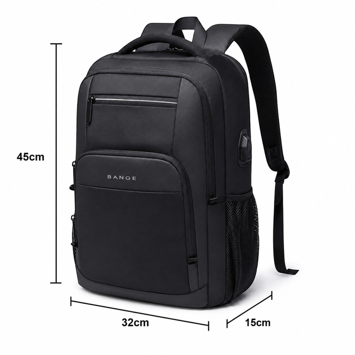 Sac à dos Bange noir en polyester, idéal pour ordinateur portable, voyage et affaires, avec port USB et logo discret.