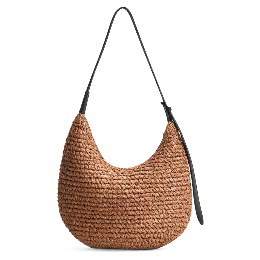 Sac hobo en paille marron avec une fermeture éclair et une bandoulière en cuir noir par Univers Sac