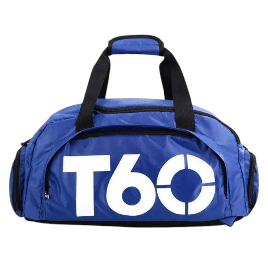 Sac de sport bleu Univers Sac en nylon imperméable avec logo T60 blanc, idéal pour le fitness et les voyages