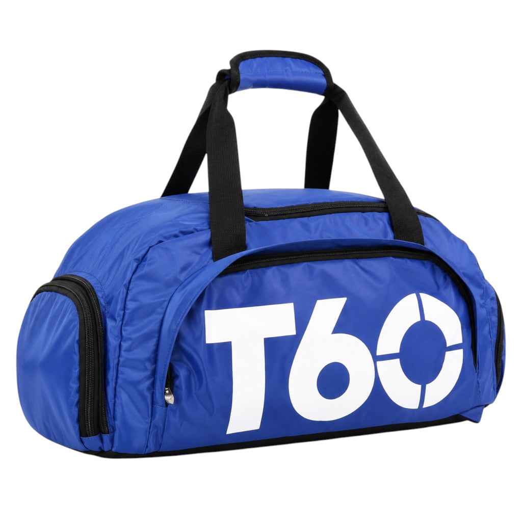 Sac de sport bleu Univers Sac en nylon imperméable avec logo T60 blanc, idéal pour le fitness et les voyages.