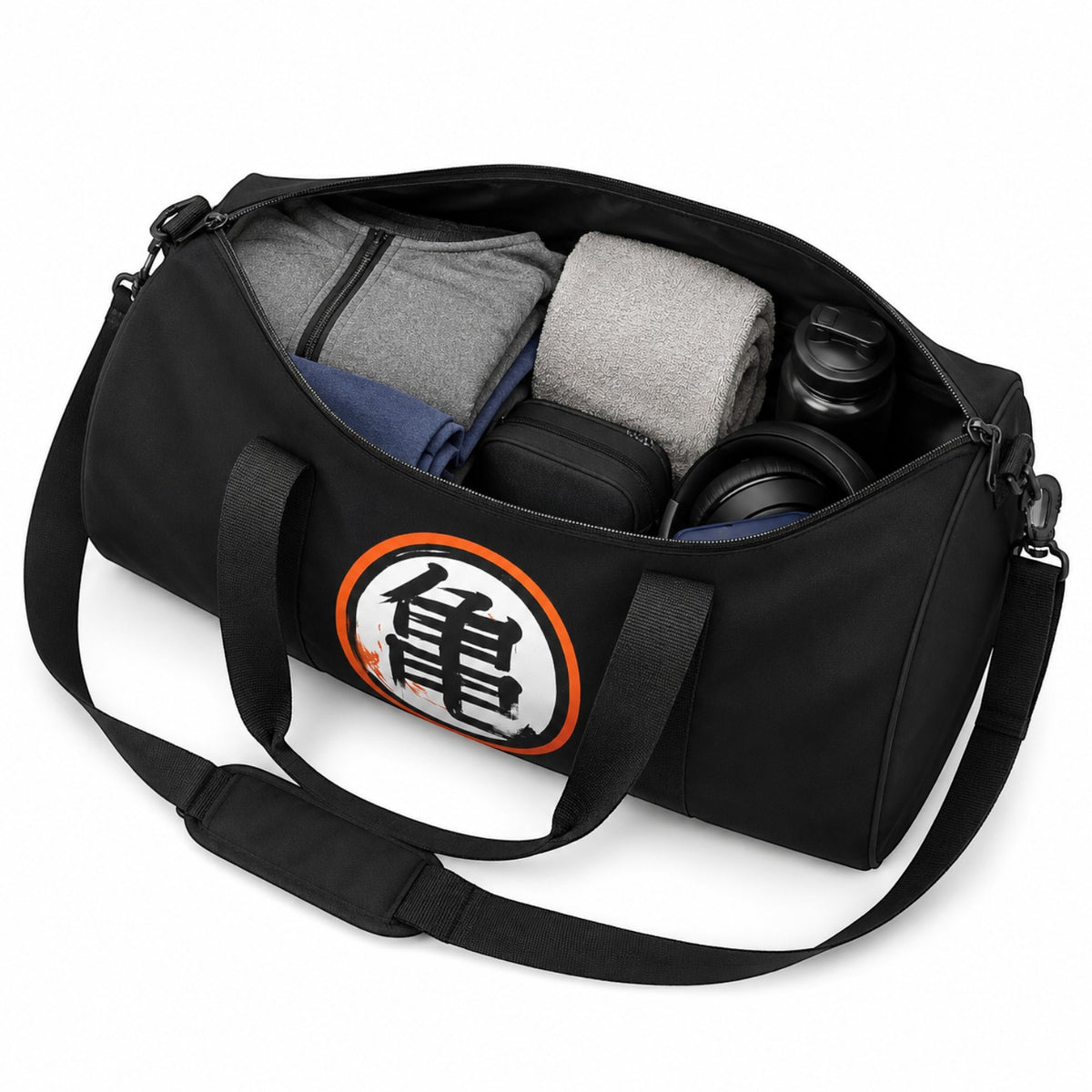 Sac de sport Univers Sac noir en polyester avec logo Kanji DBZ, rempli de vêtements et accessoires de gym