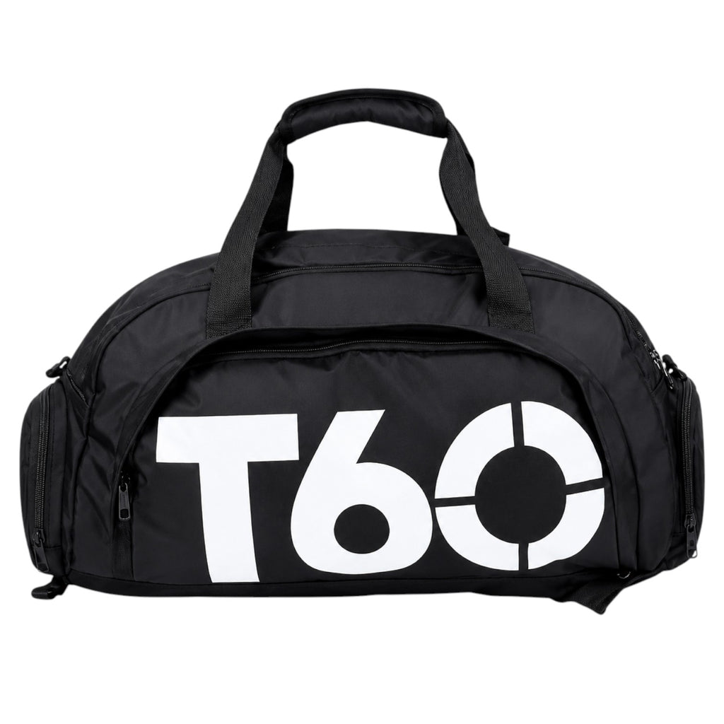 Sac de sport noir imperméable Univers Sac en nylon avec logo blanc T60, idéal pour le fitness et les voyages.