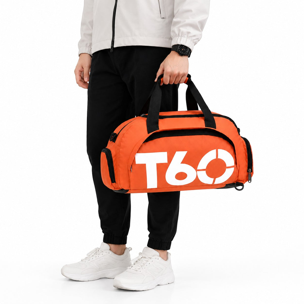 Sac de sport orange imperméable Univers Sac en nylon léger avec logo T60, porté à la main pour le fitness