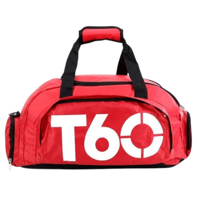 Sac de sport Univers Sac rouge imperméable en nylon avec logo T60 blanc, idéal pour le fitness et les voyages.