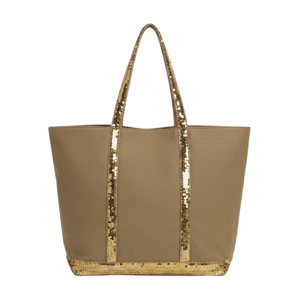 Sac fourre-tout en toile kaki avec des accents de paillettes dorées sur les poignées et le bord inférieur, par Univers Sac.