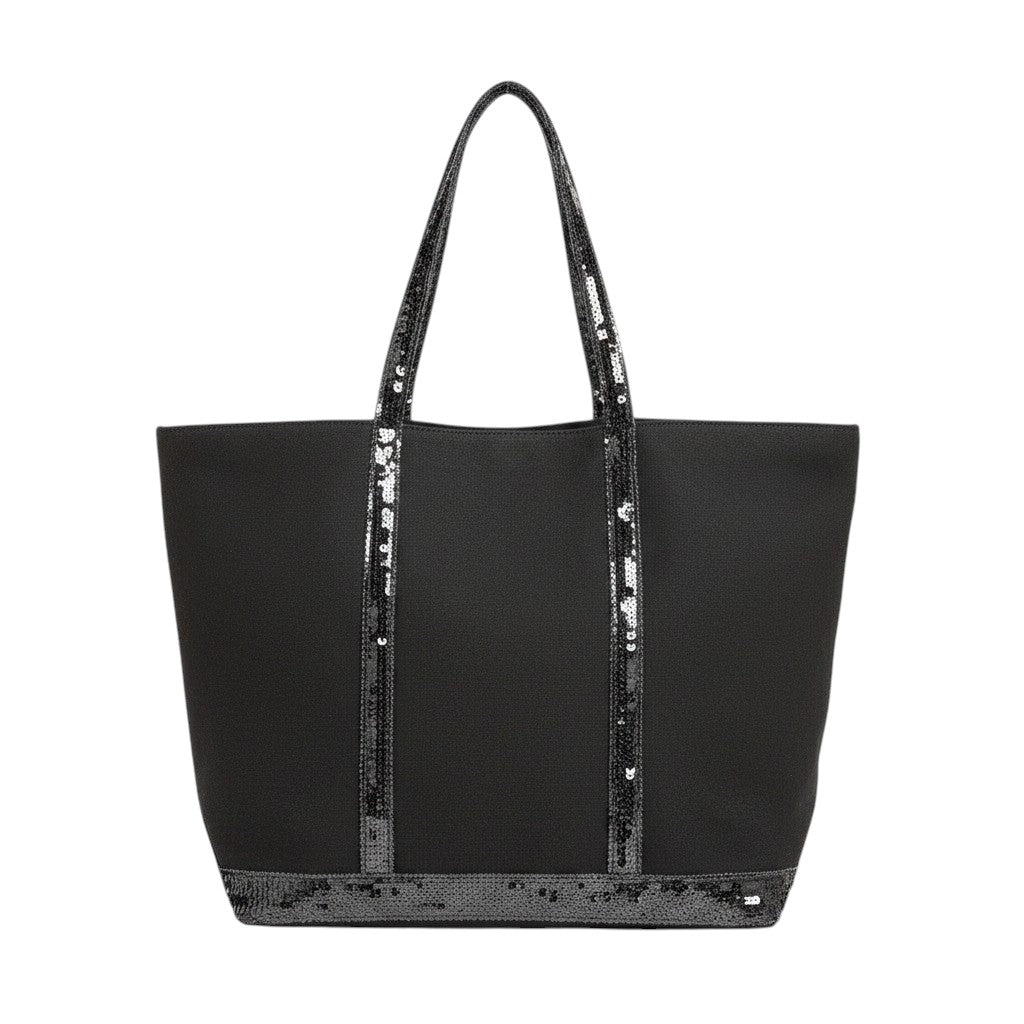 Sac fourre-tout noir en toile avec anses et bordure ornés de paillettes argentées, idéal pour le shopping ou la plage.