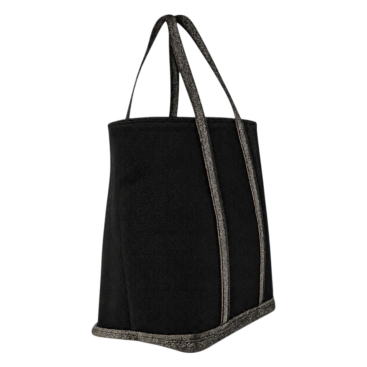 Sac fourre-tout noir en toile avec garniture et anses pailletées, idéal pour le shopping ou les voyages.