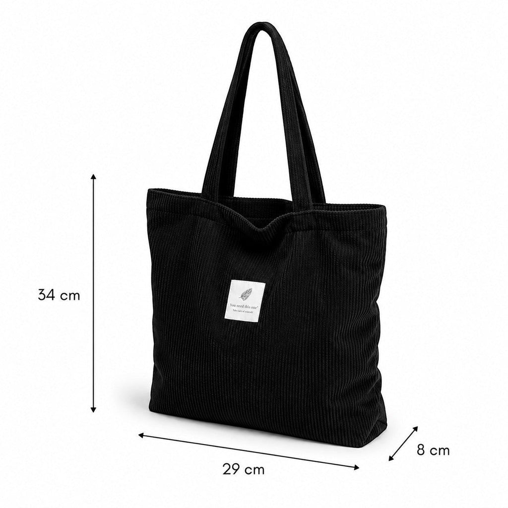 Univers Sac sac fourre-tout noir en velours côtelé avec deux anses, poche intérieure zippée et poche pour téléphone.