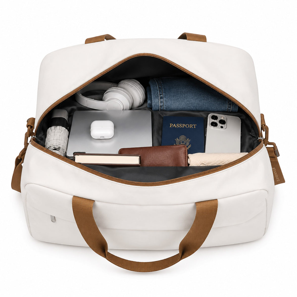 Sac de voyage Univers Sac blanc compact avec compartiments organisés pour ordinateur, passeport et accessoires de vol.