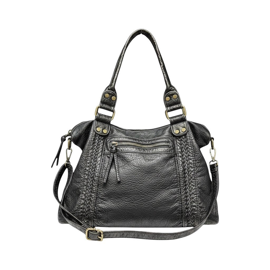 Univers Sac black faux leather tote handbag with braided detail and zipper pockets, versatile for women.