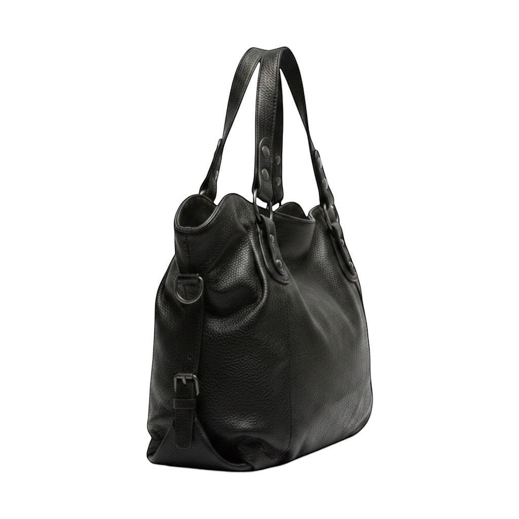 Univers Sac black pebbled leather tote bag with double handles and silver rivet details. Zipper closure.