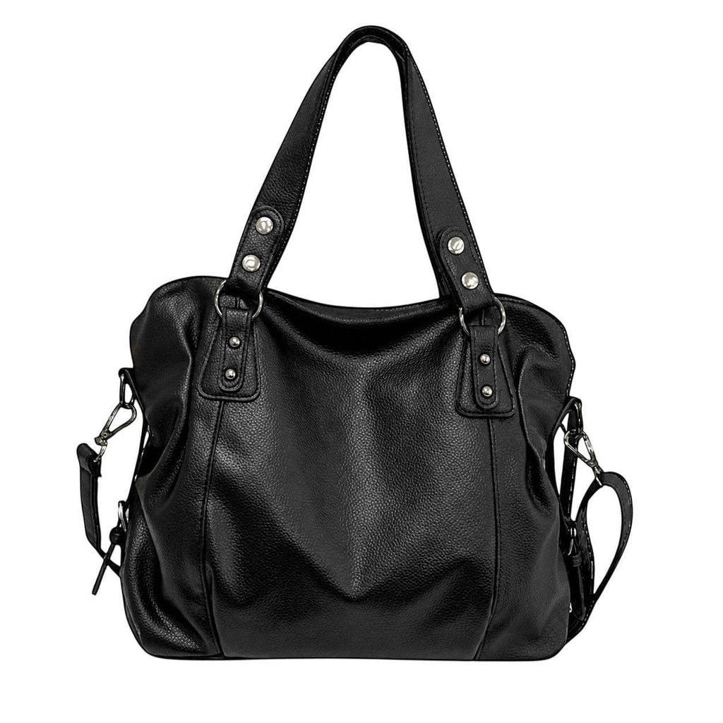 Univers Sac black pebbled leather tote handbag with silver rivets and adjustable shoulder strap.