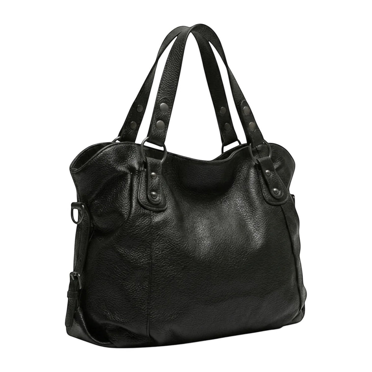Univers Sac black tote handbag with double straps and silver rivet details. Made from textured TPU/polyester.