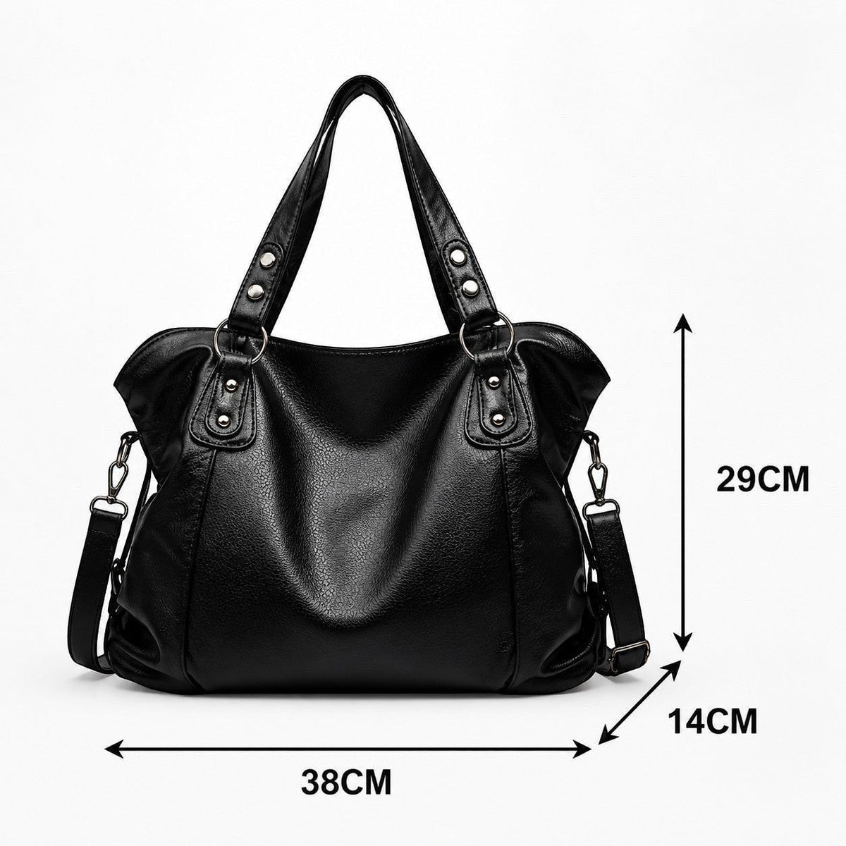Univers Sac black faux leather tote handbag with double handles and adjustable shoulder strap, featuring rivet details and a zippered closure.