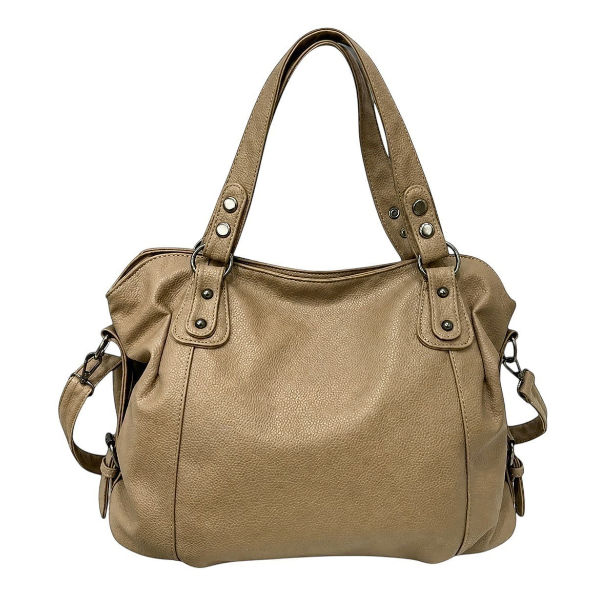 Univers Sac taupe pebbled faux leather tote handbag with double handles and a detachable shoulder strap, accented with rivets.