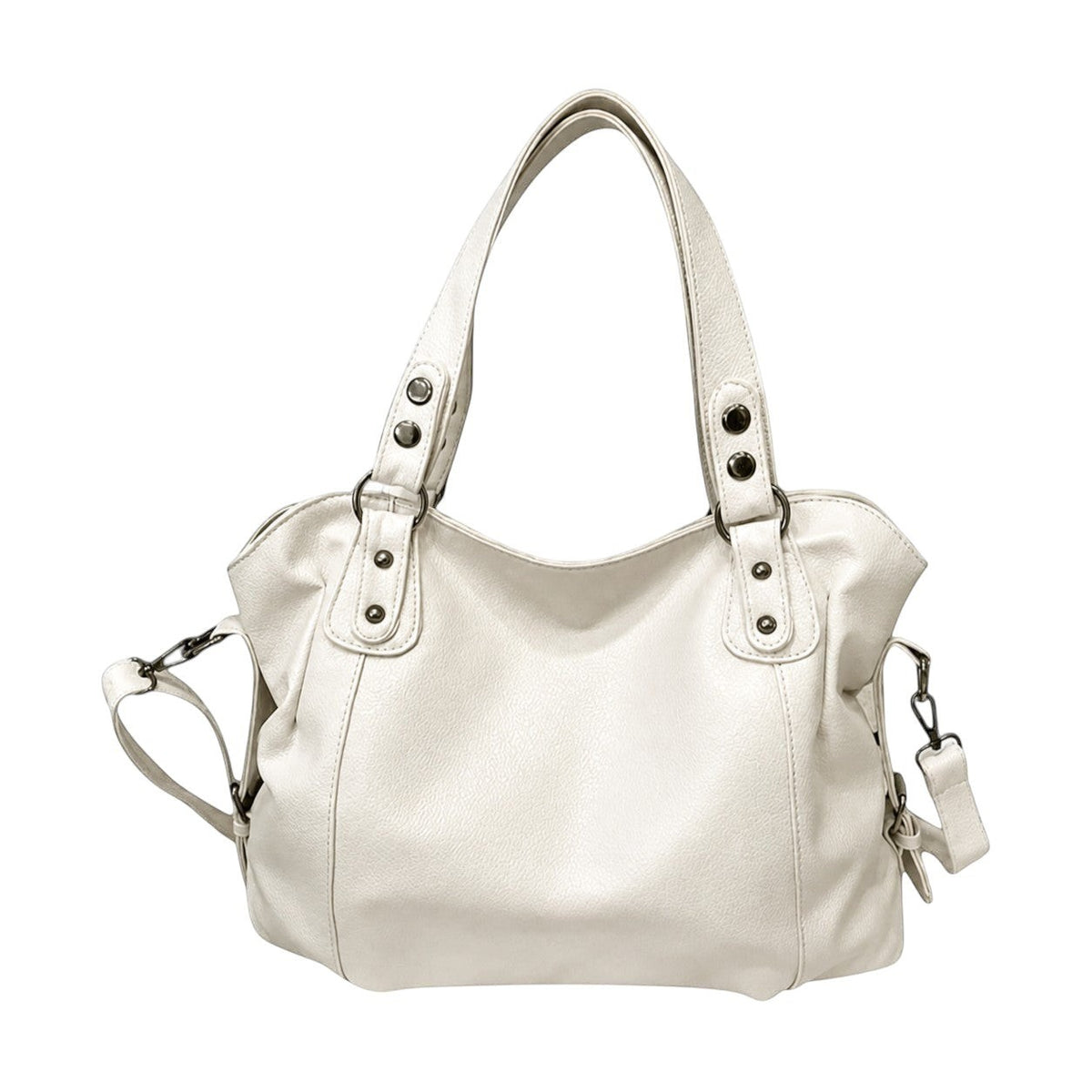 Univers Sac white leather tote bag with silver rivets and adjustable strap, zipper closure, 29cm height, 38cm width.